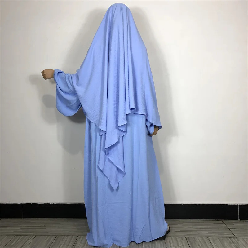 2 Piece Prayer Dress Muslim Islamic Clothing Jazz Crepe Modest Drop Fall Sleeves Abaya Set Match Khimar Jilbab Long Hijab 240712