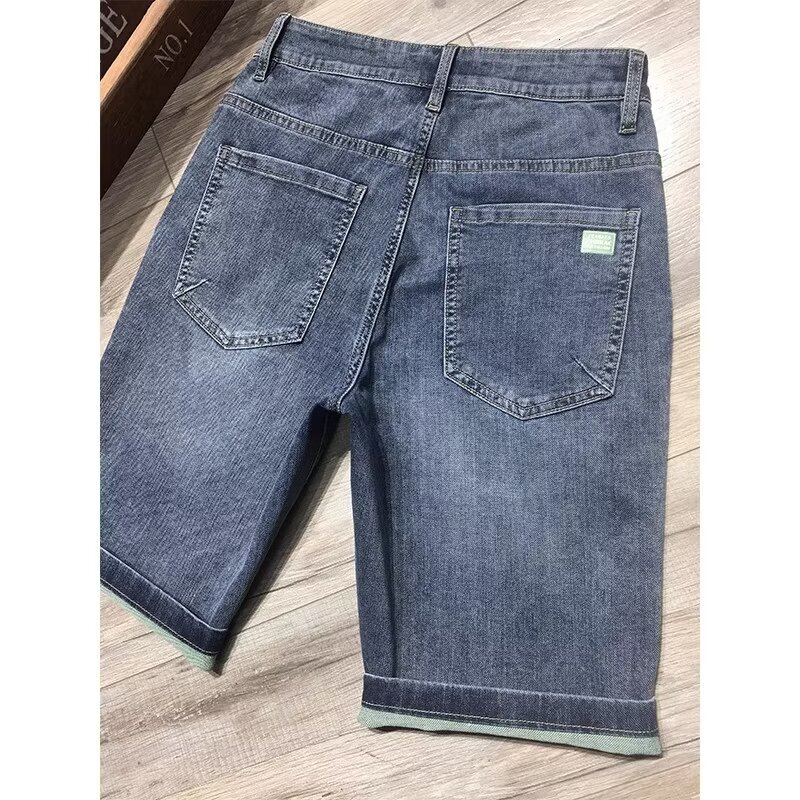 Denim shorts summer new thin five quarter trendy brand printed casual mid pants men's wash