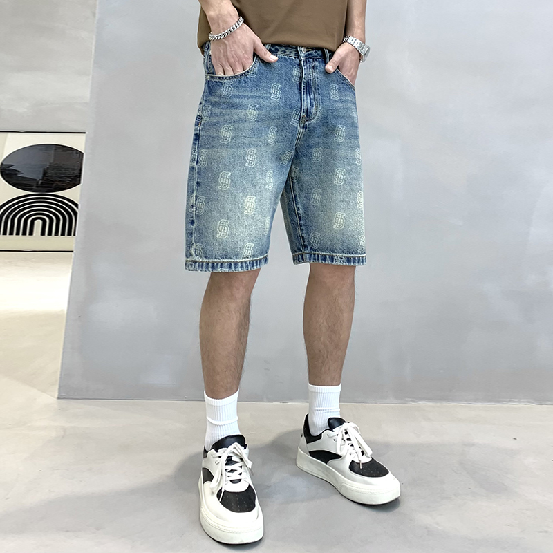 Quality printed denim shorts for men's summer new style, loose and versatile, trendy Korean version five quarter pants