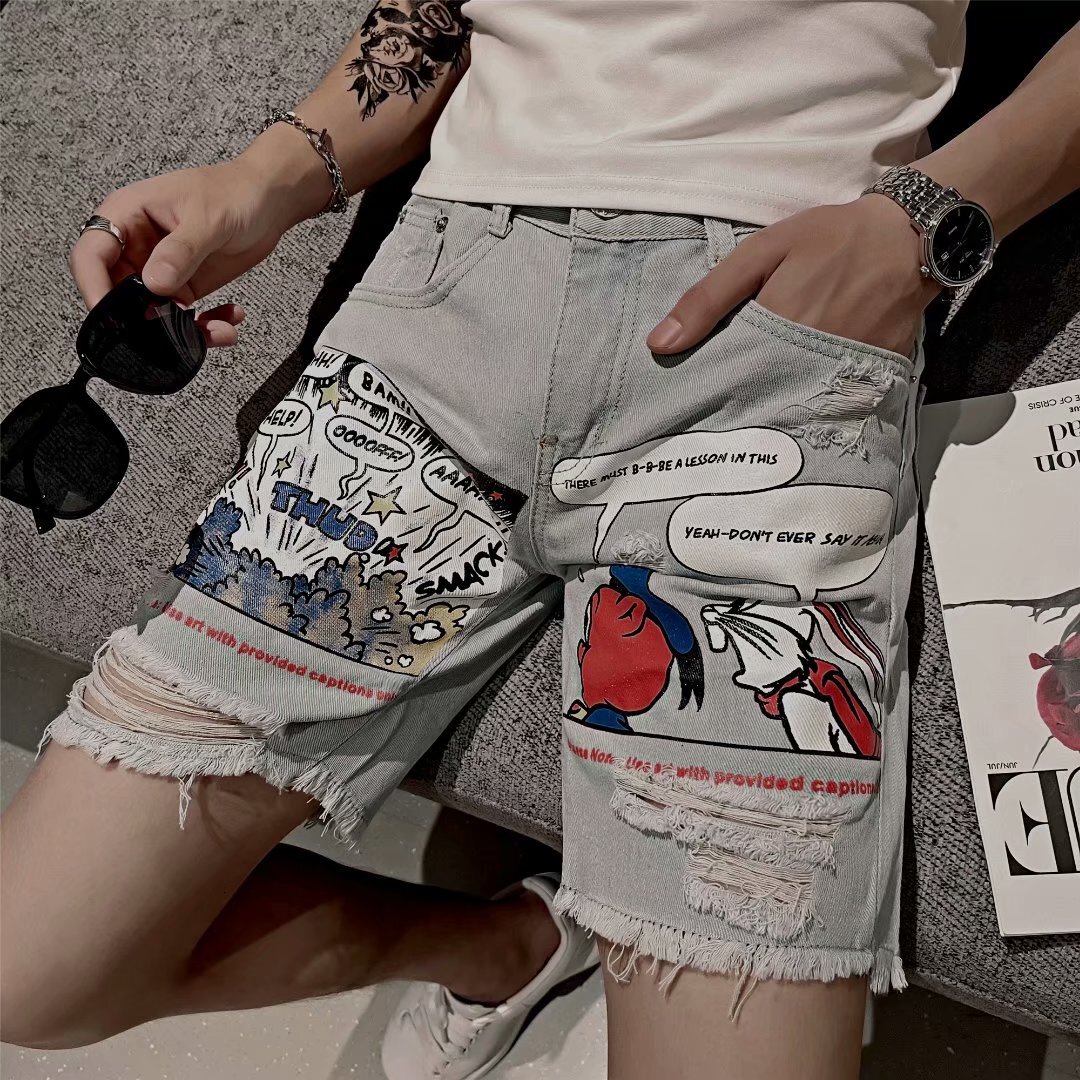 Cowboy shorts men's trendy brand ins ripped five pants Korean version loose summer thin style beggar 5 cent hip-hop 4