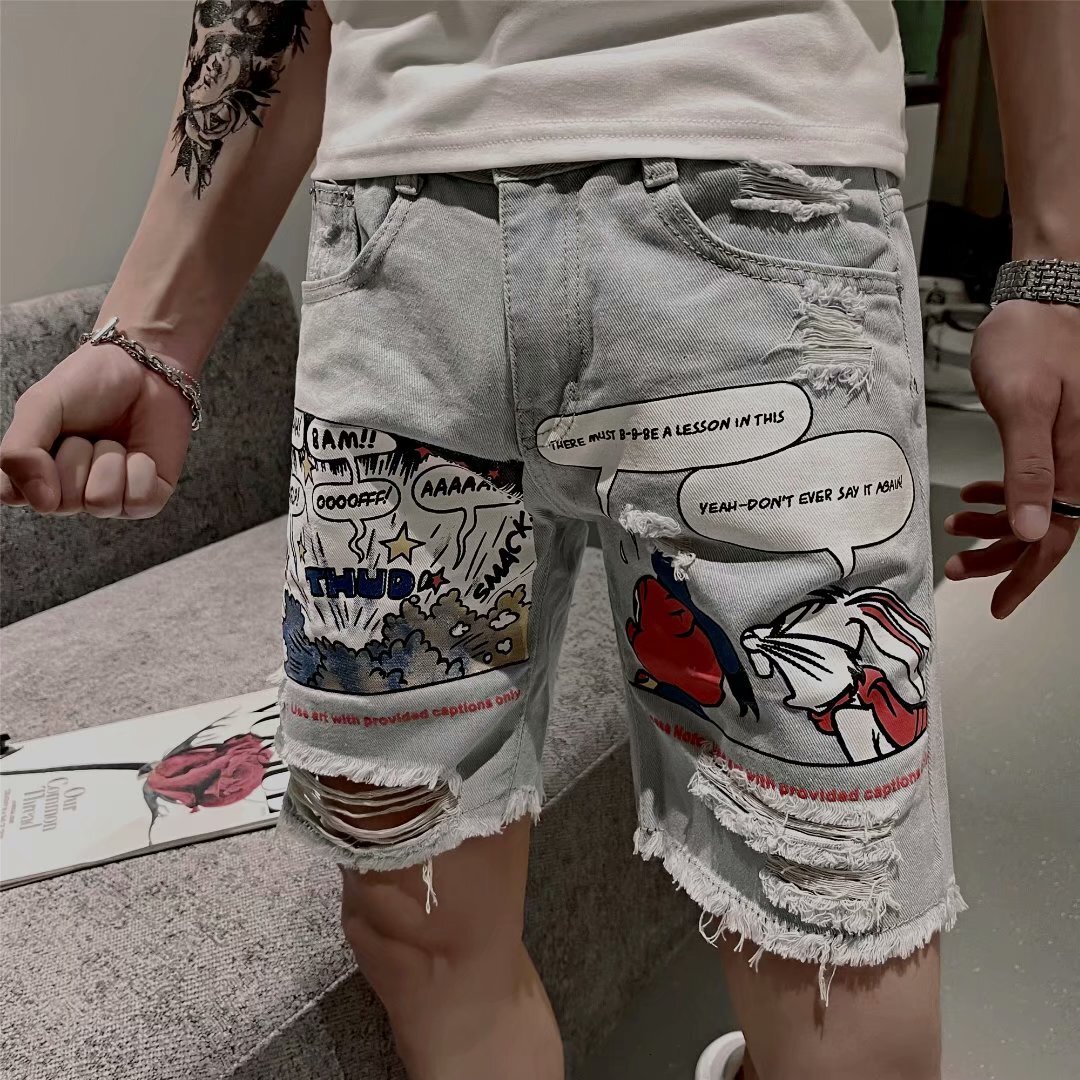 Cowboy shorts men's trendy brand ins ripped five pants Korean version loose summer thin style beggar 5 cent hip-hop 4
