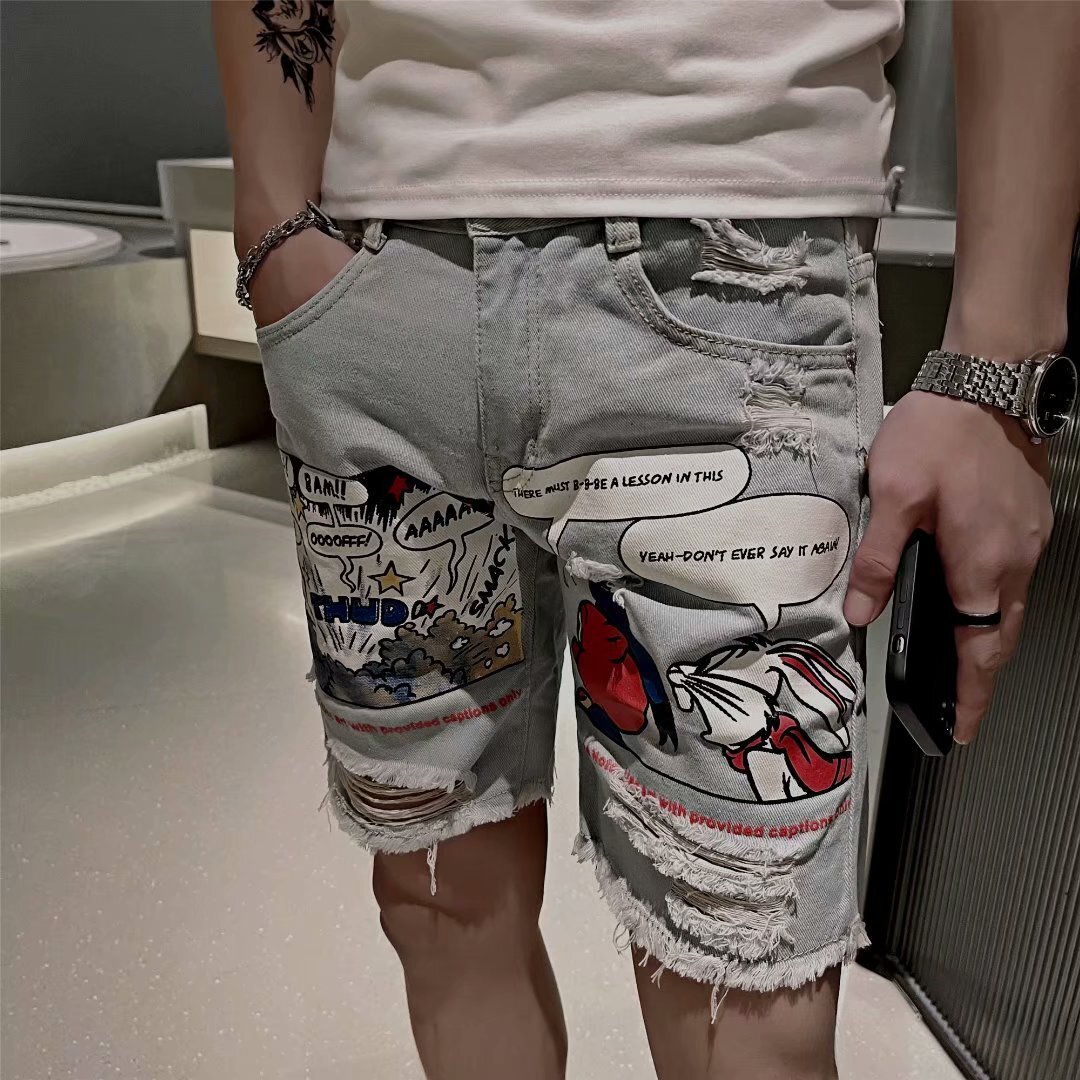 Cowboy shorts men's trendy brand ins ripped five pants Korean version loose summer thin style beggar 5 cent hip-hop 4