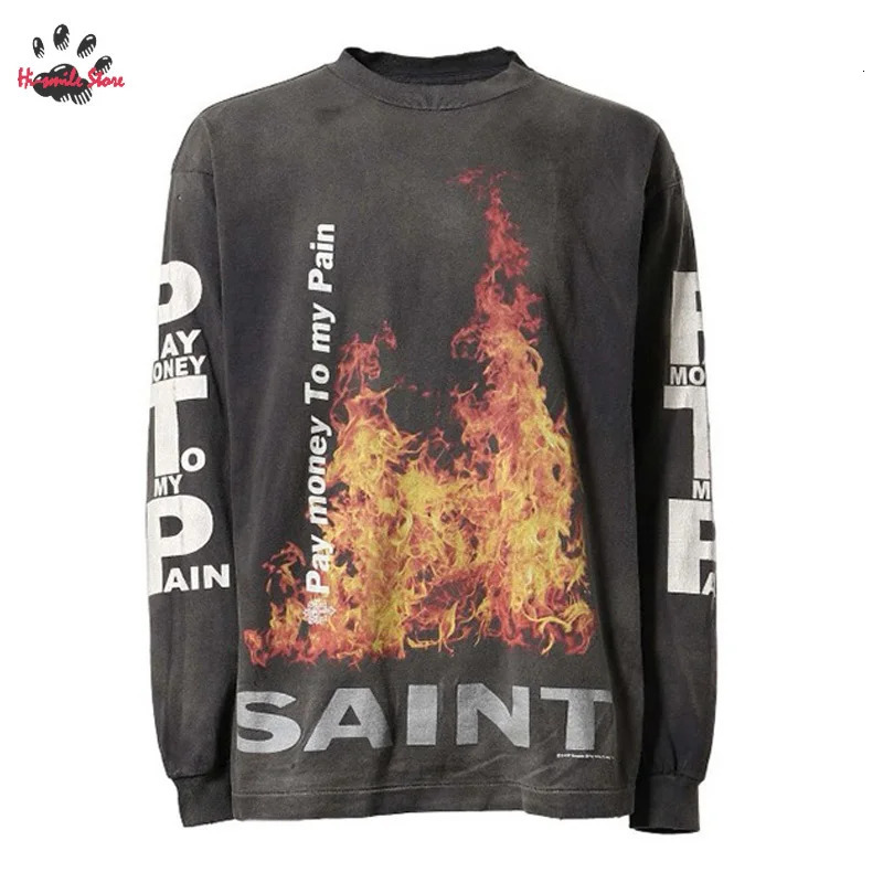 Flame Printing SAINT Long Sleeve T Shirt Men Woman Oversized Streetwear Hip Hop Casual Couple Top Tee Cotton Washed Grey 240715
