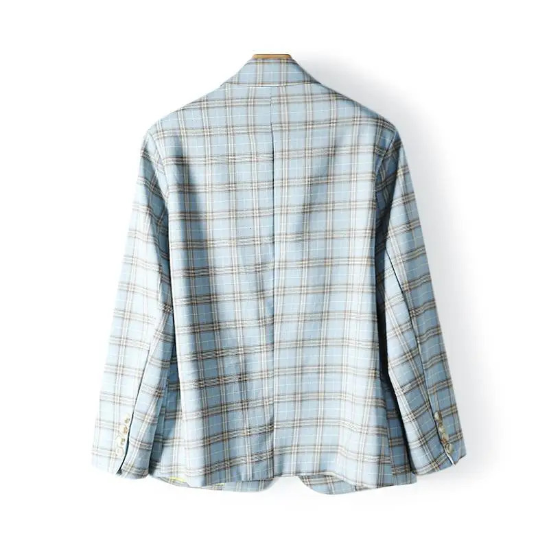 Autumn Womens Fashion Elegant Plaid Suit Coat Korean Double Breasted Casual Retro Loose Comfortable Versatile Suit Top 240715