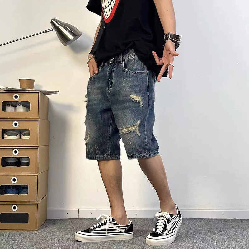 Ripped denim shorts men's summer American trend casual big size high street five quarter pants