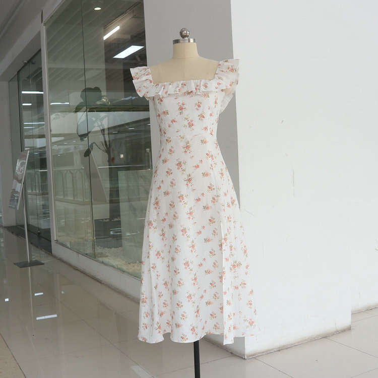 Ref Flax Floral Sleeveless Long Dress for Slimming and Waist Cinching Summer New French Women S Clothing Sexy Waist Temperament BOHO DRESS Round Neck 