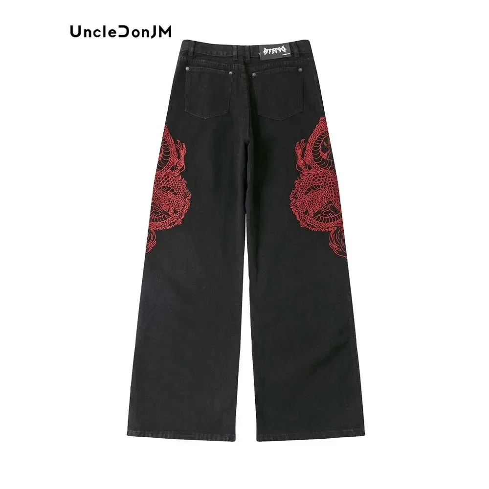 Embroidered Dragon Totem Jeans Hip Hop Baggy Jeans Streetwear Y2k Men's Jeans Loose Wide Leg Denim High Quality 240709
