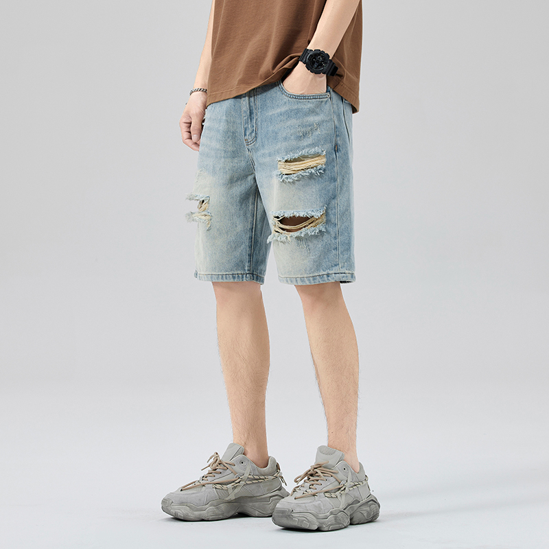 2024 Summer American Light Blue Washed Piercing Trendy Brand Denim Five Cent Shorts Men's Wear