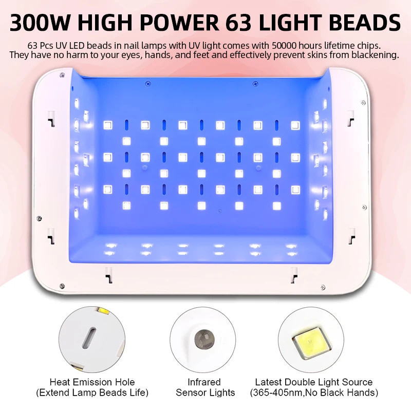 300W High-power Nail Dryer Lamp For Machine With Hand Pillow Wear 63LEDS UV LED Lamp for Press On Nail Dryer for Curing All Gel 240719