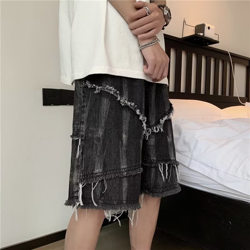 Vintage ripped denim shorts for men, loose casual five quarter plus size, trendy and versatile mid length pants, summer slim fit