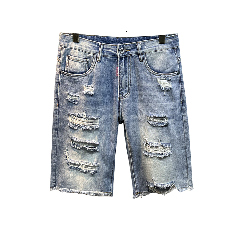 High end summer shorts for men, trendy ripped straight leg denim five quarter pants, 2024 new men's mid length pants