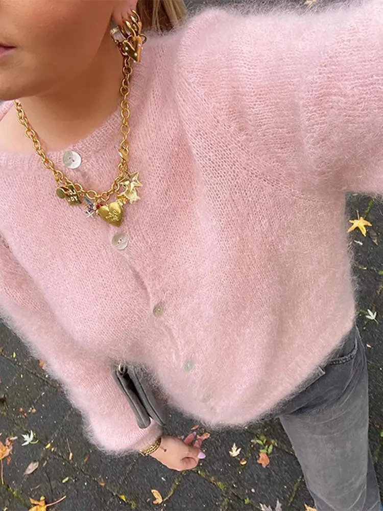 2024 SpringAutumn Open Knitted Collar Woolen Sweater Elegant OCollar Moher Solid Long Sleeve Womens Casual Soft Office Top 240718