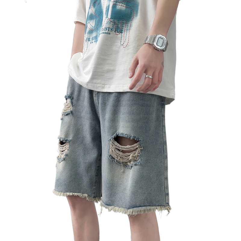 Ripped denim shorts with rough edges, men's summer trendy casual five quarter pants, washed wide leg mid length pants