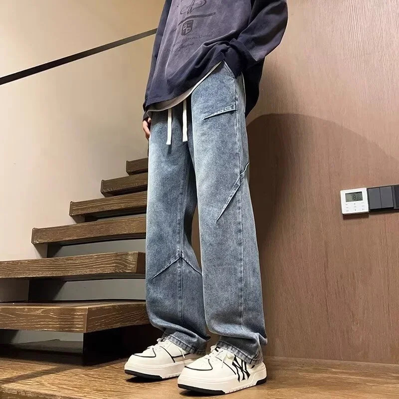 Hip Hop Fashion Drawstring Jeans Mens Streetwear Vintage Wide Leg Straight Denim Trousers Y2K Baggy Pantalones Hombre 240716