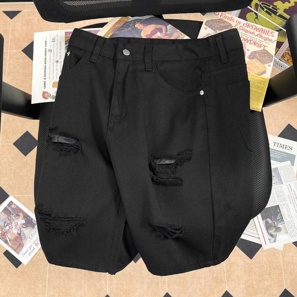 High street fashion brand black ripped denim shorts men's straight leg five part summer thin mid length Korean version trendy horse pants