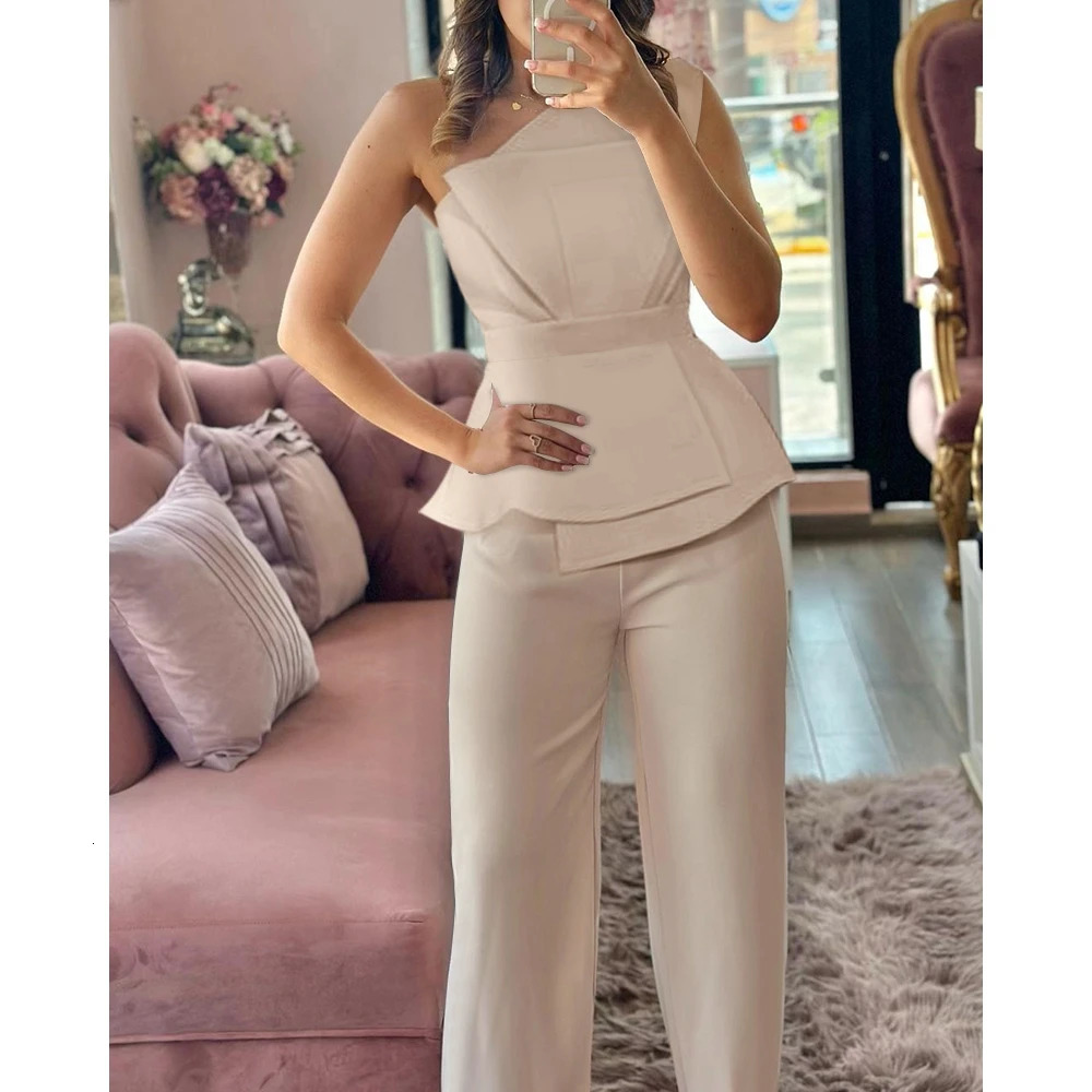 Womens one shoulder pleated top straight leg pants set elegant solid color twopiece office suit y2k clothing 240718