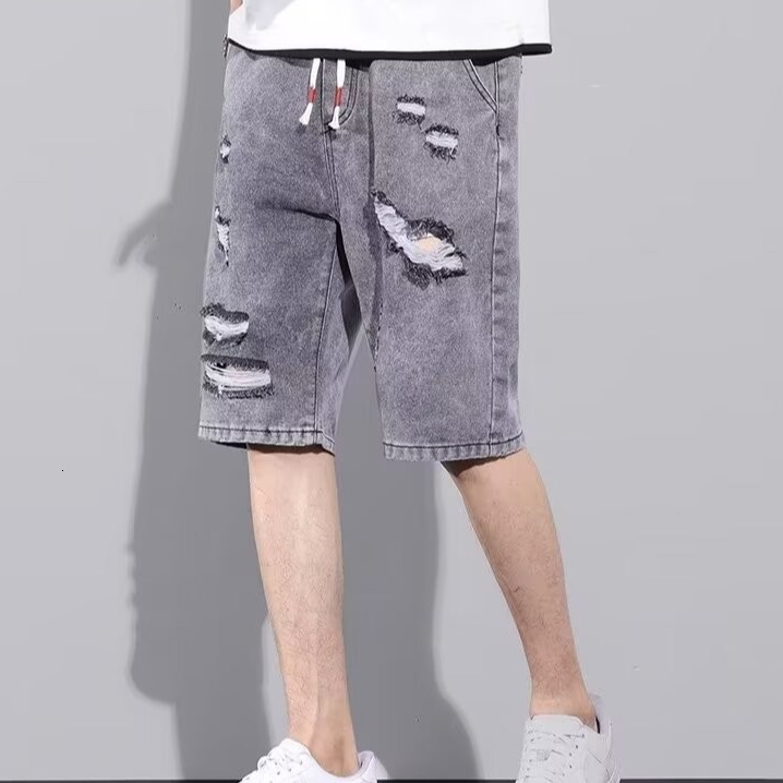 Punched denim shorts soft, comfortable, durable trendy brand ins men's casual five point mid length pants
