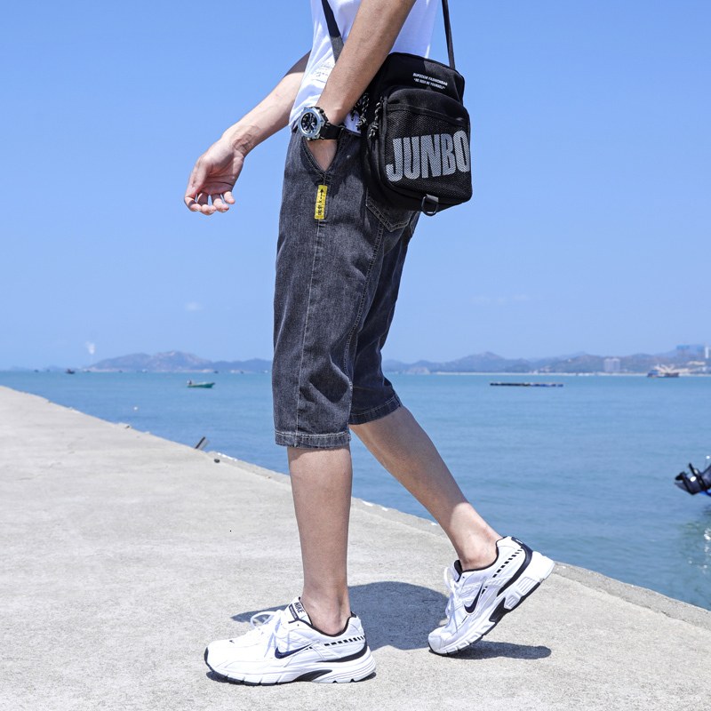Denim shorts thin trendy brand loose straight leg mid length 2022 summer men's 7-inch pants