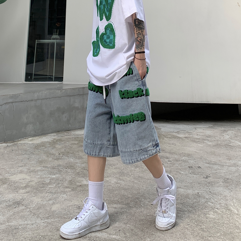 Summer Street Trendy Denim Shorts Design Sense Heavy Industry 3D Towel Embroidery Men's and Women's Five Part Casual Pants