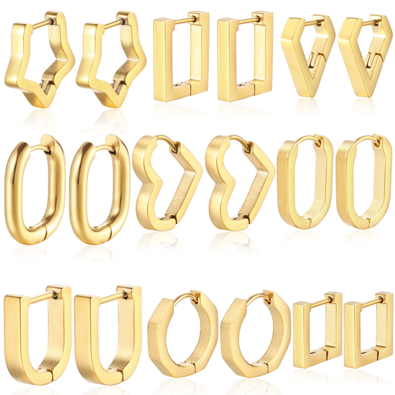 Geometric Stud Earrings 18k Gold Allergy Free Stainless Steel Hoop Gold Star Heart Square Rhombus Buckle Earring Cuff Dangle Women Fine Designer Jewel
