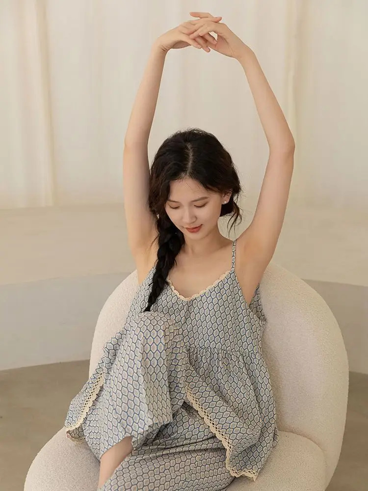 Women Spring Summer 3 Pcs Pajams Gown Set Female Sweet Geometric Printed Robe Top Pants Home Clothing Casual Loose Nightdress 240712