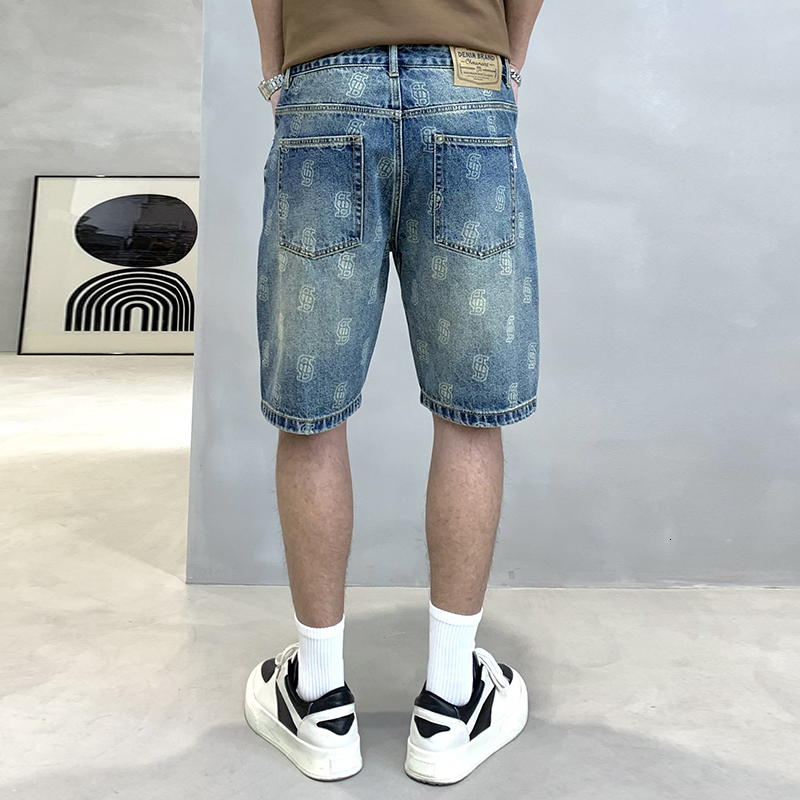 Quality printed denim shorts for men's summer new style, loose and versatile, trendy Korean version five quarter pants