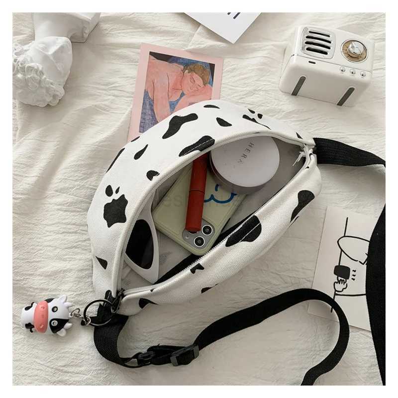 woman chest bag Korea INS cow canvas small messenger bag Japanese Harajuku style wild girl cute student chest bag Female pocketsXJ240720