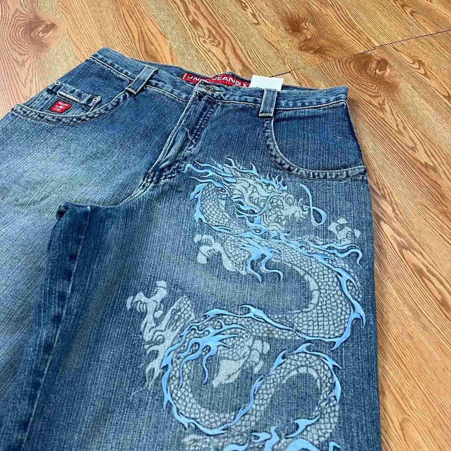 Harajuku Dragon JNCO Shorts Y2K Graphic Retro Blue Baggy Denim Gym Shorts Pants Mens Womens New High Waist Basketball Shorts M240720