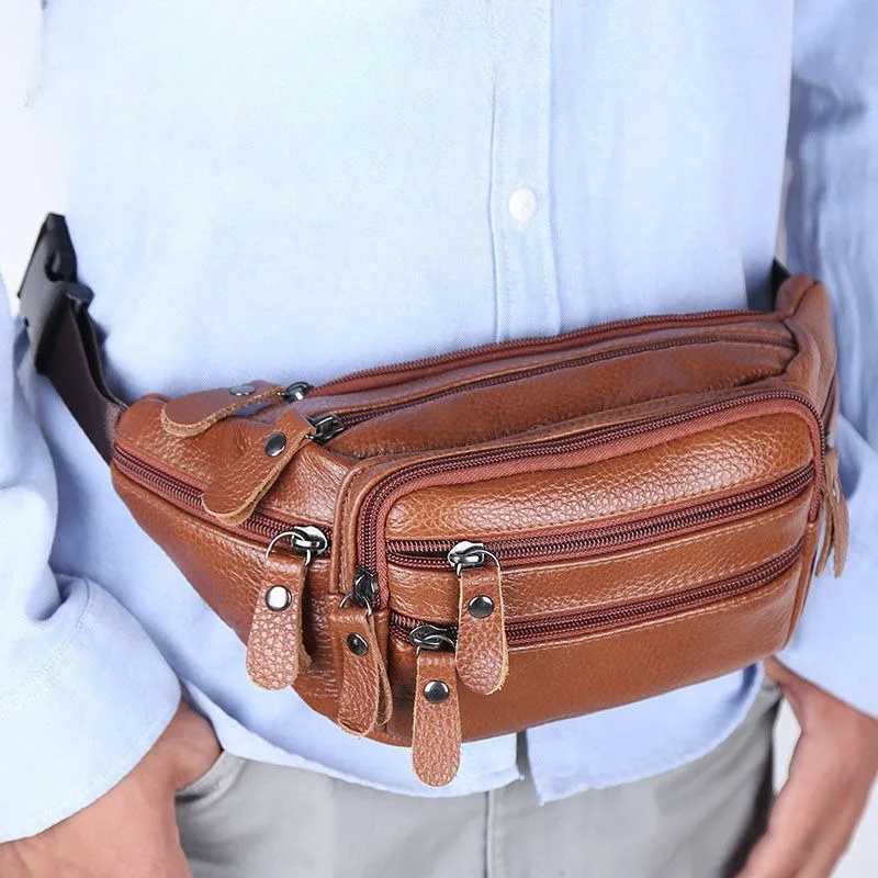 Large Capacity Waterproof Real Genuine Leather Mens Waist Bag Cowhide Male Zipper Site Workers Travel Phone BagXJ240720
