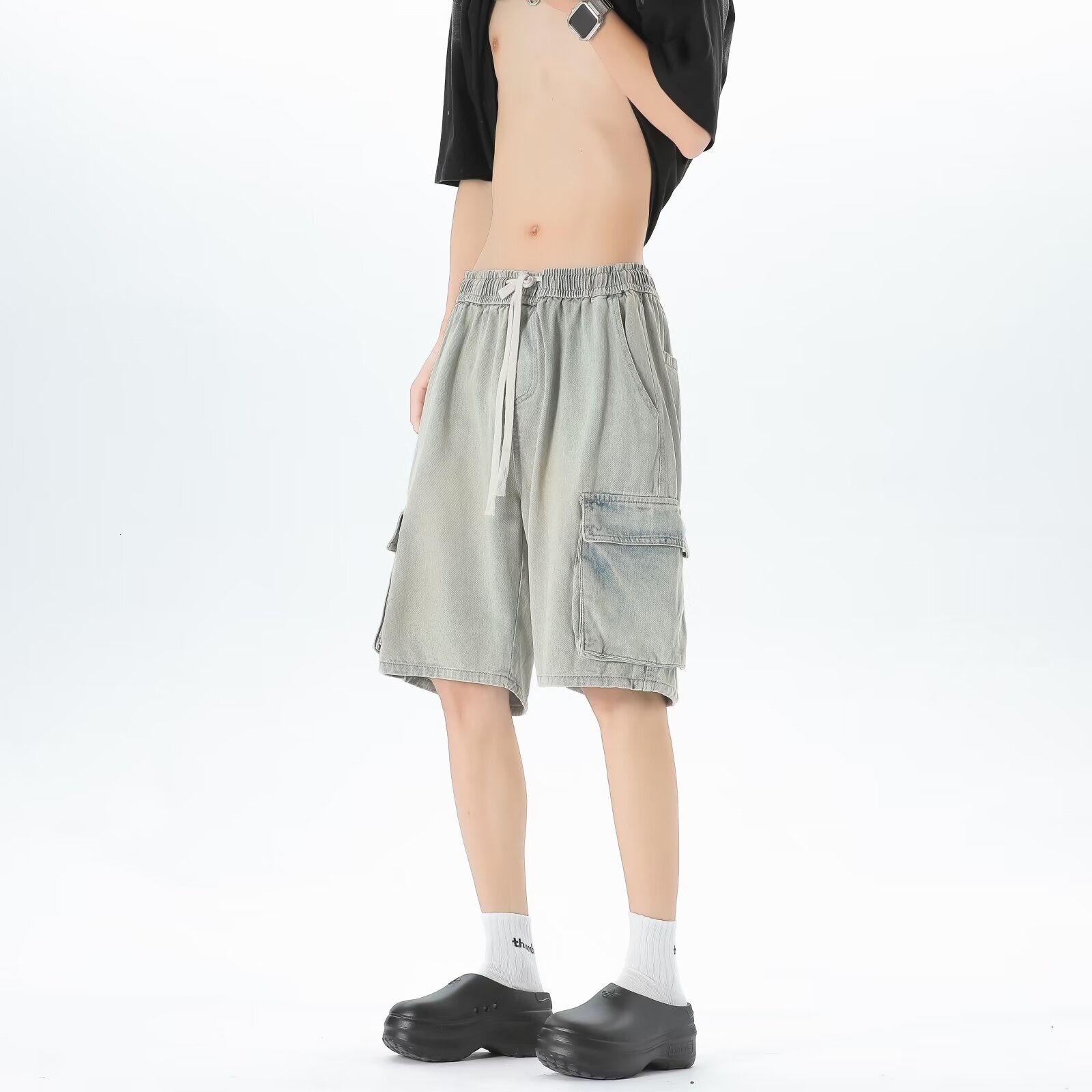American denim for men in summer, thin fit, loose straight leg, five quarter pants, men's versatile, casual, outerwear, workwear, shorts