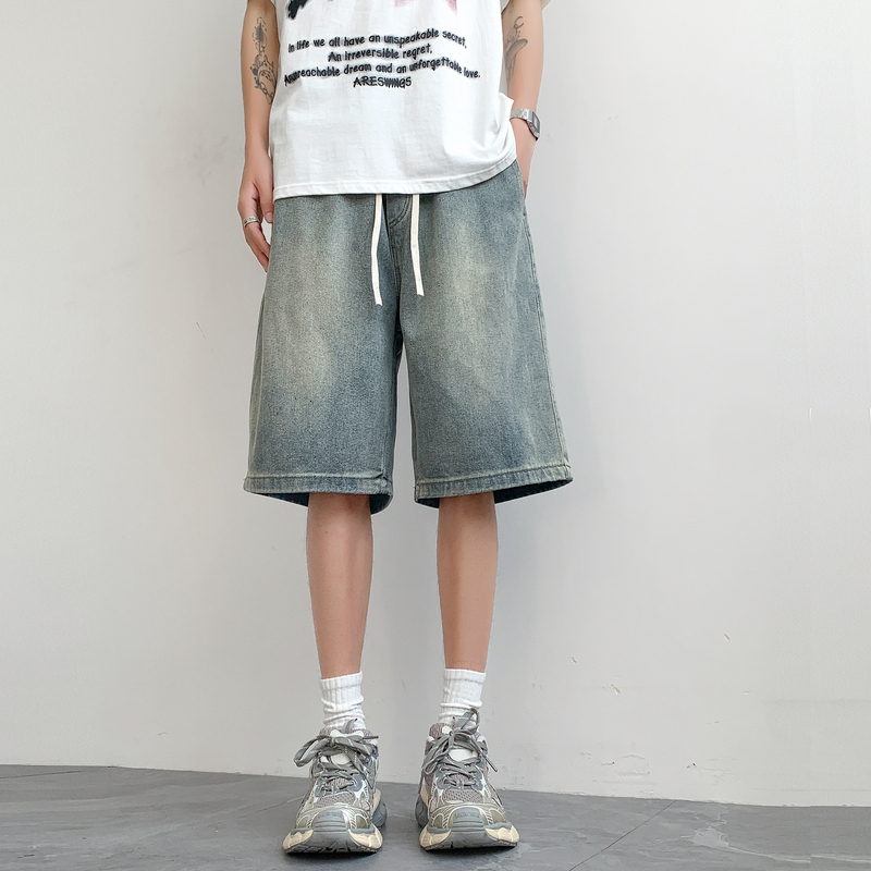 Denim men's summer trendy loose straight leg shorts, American casual capris