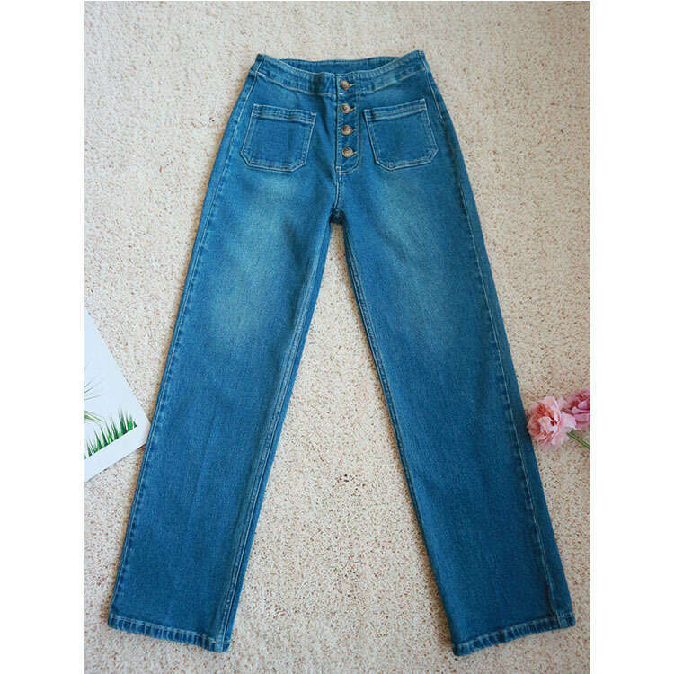 R Ref Autumn New Slim Fit Straight Leg High Waist Wash Denim Jeans Slimming Large Size Hip hop Style Overalls Gold Velvet Pants Waterproof Trousers Ma