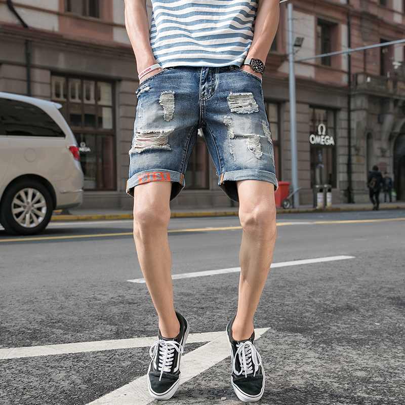 Summer thin ripped shorts trendy five quarter men's denim horse loose casual mid pants men