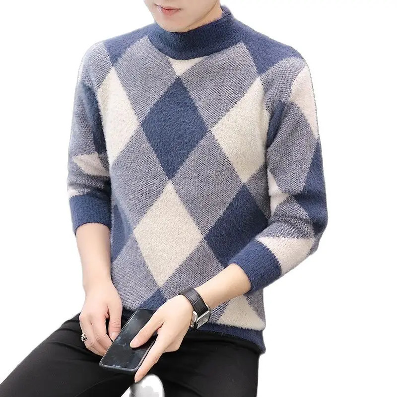 Warm mink cashmere sweater mens winter round neck drawstring skipping rope soft thick Christmas 240718