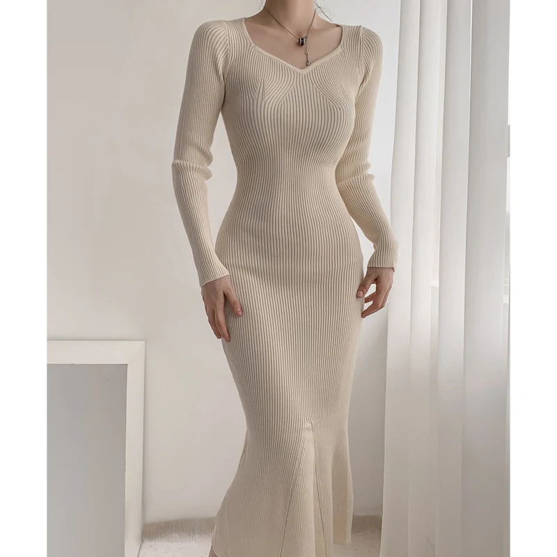Autumn Winter Slim Solid Long Sleeve Knitted Dress Women Korean Sweater Bodycon Dresses Ladies Elegant Evening Party 240710