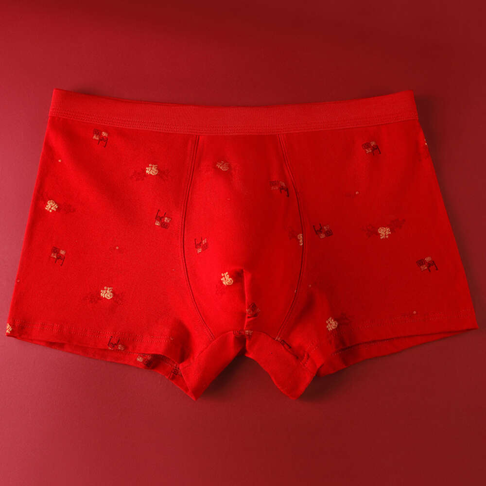 Pure Zodiac Red Mid Waist Men's New Year's Underwear, Pure Cotton U-convex Unconstrained Flat Corner Pants Mens Underwear Designer Calzoncil