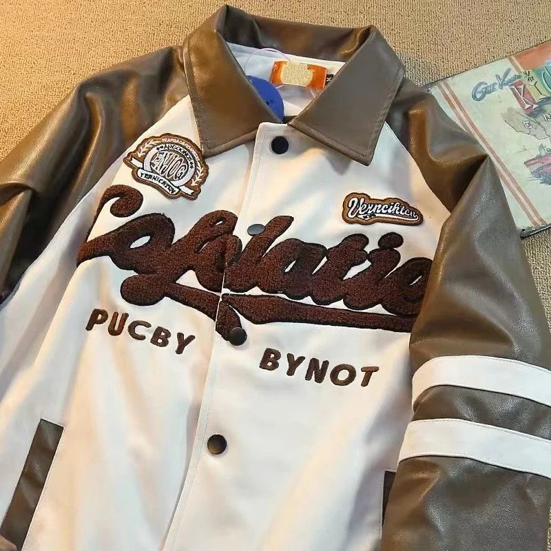 Retro Towel Embroidered Color Matching Leather Jacket Mens Loose Casual Women Autumn Winter Baseball Uniform Couple Jackets 240716
