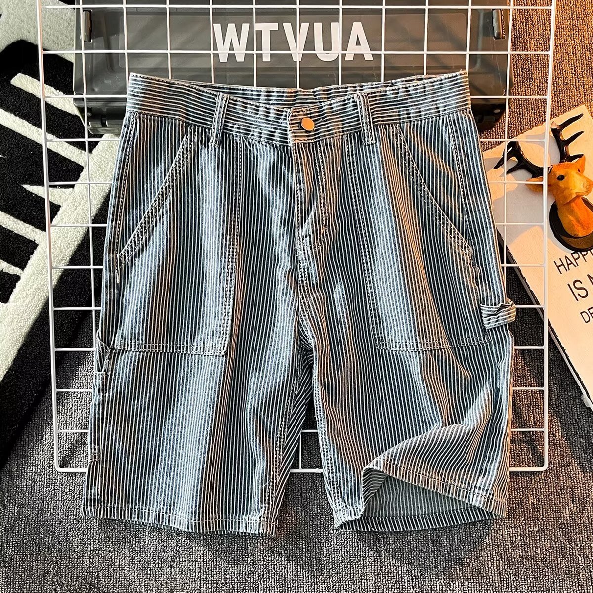 American striped denim shorts trendy brand loose straight five quarter horse men's summer thin casual mid length pants