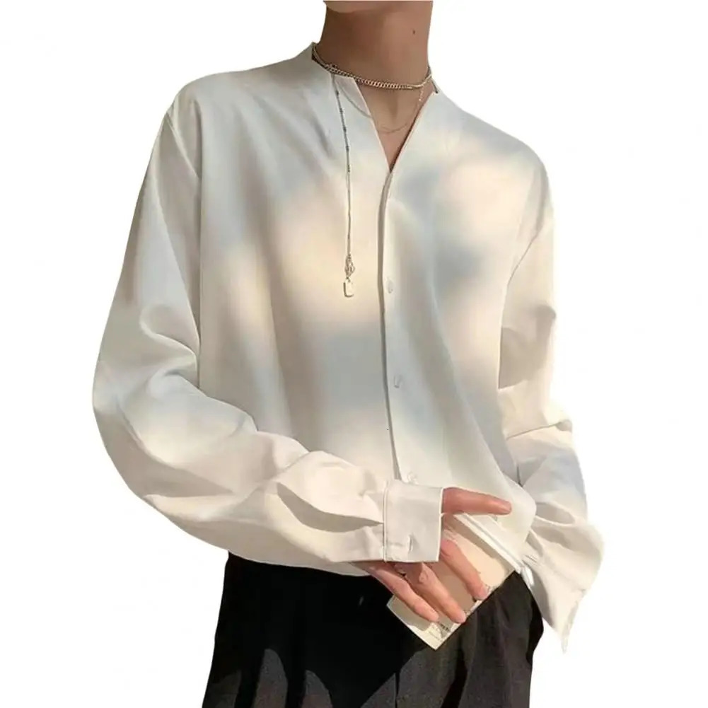 Stylish Casual Shirt AntiPilling Autumn Loose Fit Solid Work Collarless Colorfast Men Daily Clothing 240716