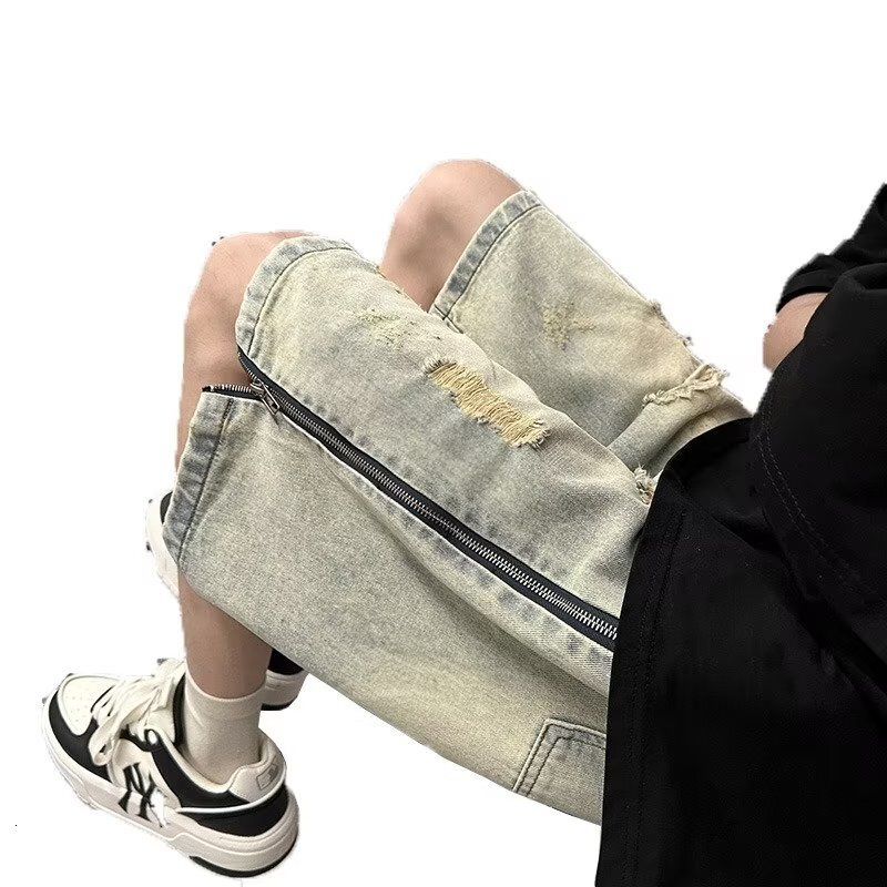 Yellow mud dyed distressed denim shorts, men's side zipper, summer American high street sports and leisure five part pants