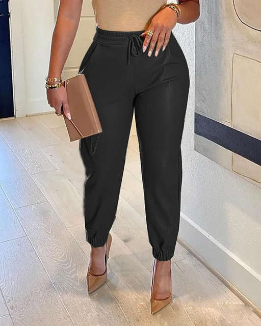 Spring and summer in Europe and the solid color draw string bag PU leather bunch of foot skin height pants female leisure fa