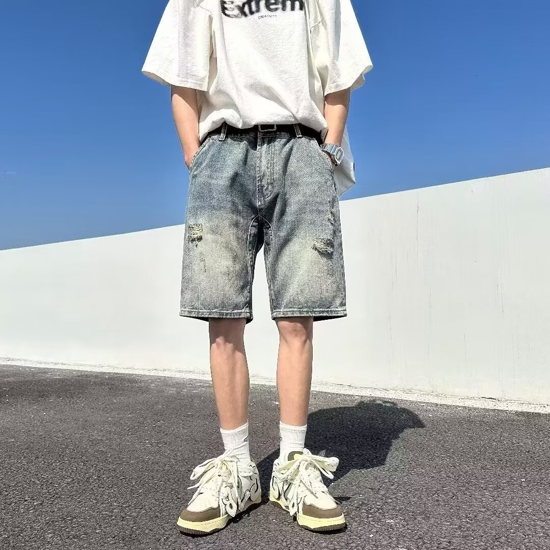 Broken hole denim shorts men's summer thin 2024 new American fashion brand straight and loose five part casual pants