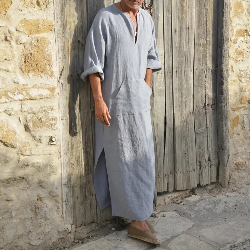 Mens Arab Muslim Long Robe Shirt Casual Loose Long Sleeves Male Pocket Kaftan Robe Cotton Linen Button Plain Robes Plus Size 5XL 240715