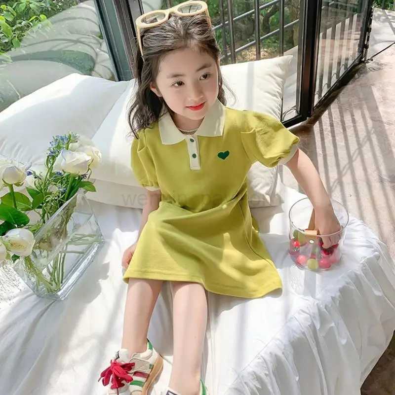 2024 New Childrens Dress Korean Edition Girls Summer Bubble Sleeves Flip Collar Love Dress 1-10 Year Old Casual Princess DressXJ240720