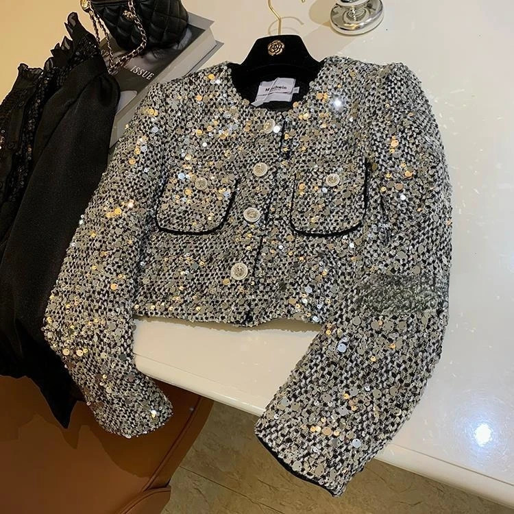 Elegant Heavy Sequins Starlight Silver Jackets Spring Long Sleeve Coat Women Y2k Grunge Oneck Single Breasted Tops Mujer 240719w - view 3