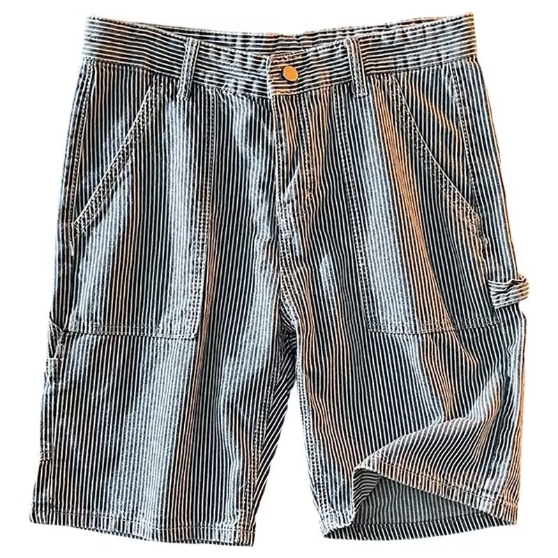 American striped denim shorts trendy brand loose straight five quarter horse men's summer thin casual mid length pants