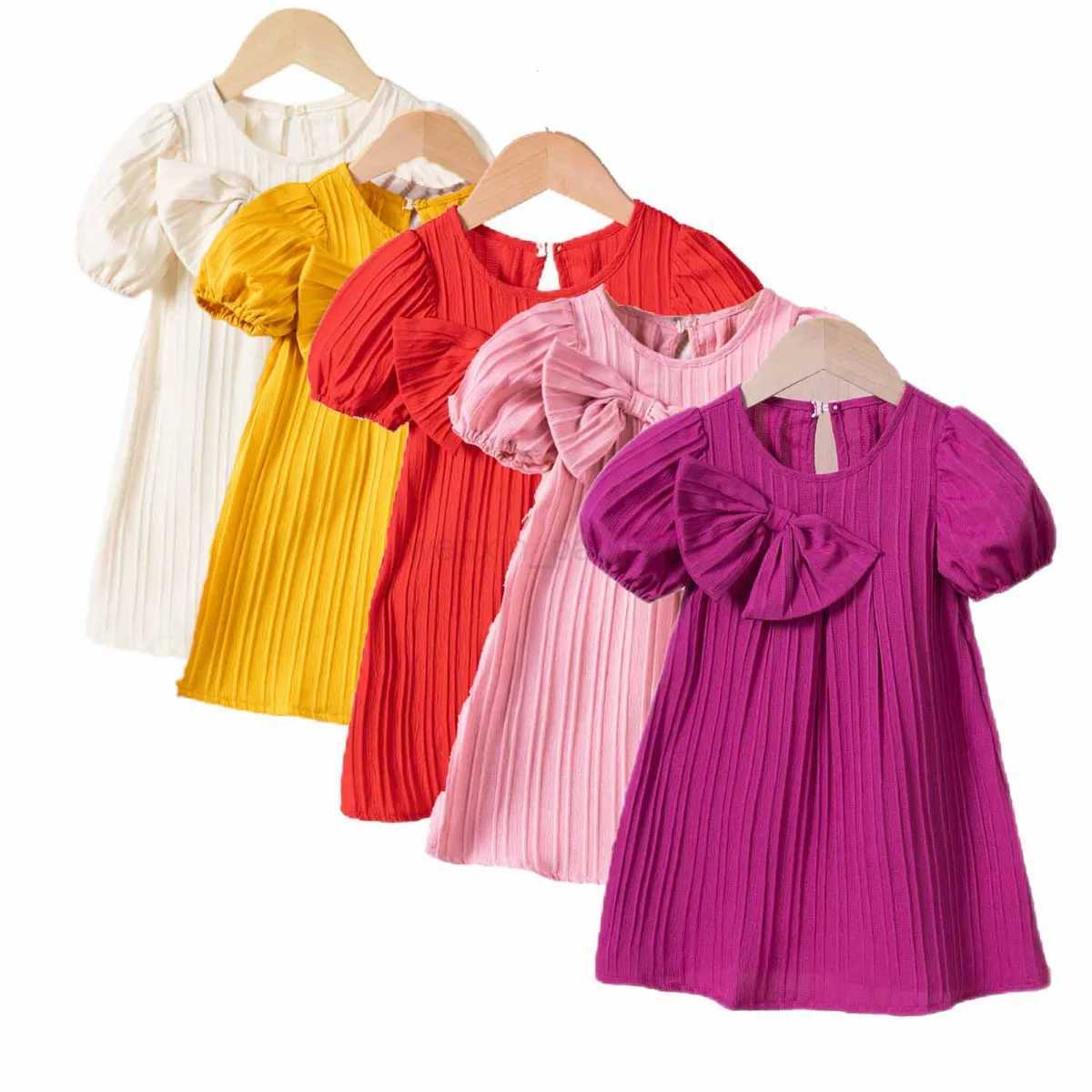 2024 Summer New Toddler Dresses Solid Colour Fashion Bow Fly Sleeve Design Girls Dresses Cute Sweet Birthday Party GiftXJ240720
