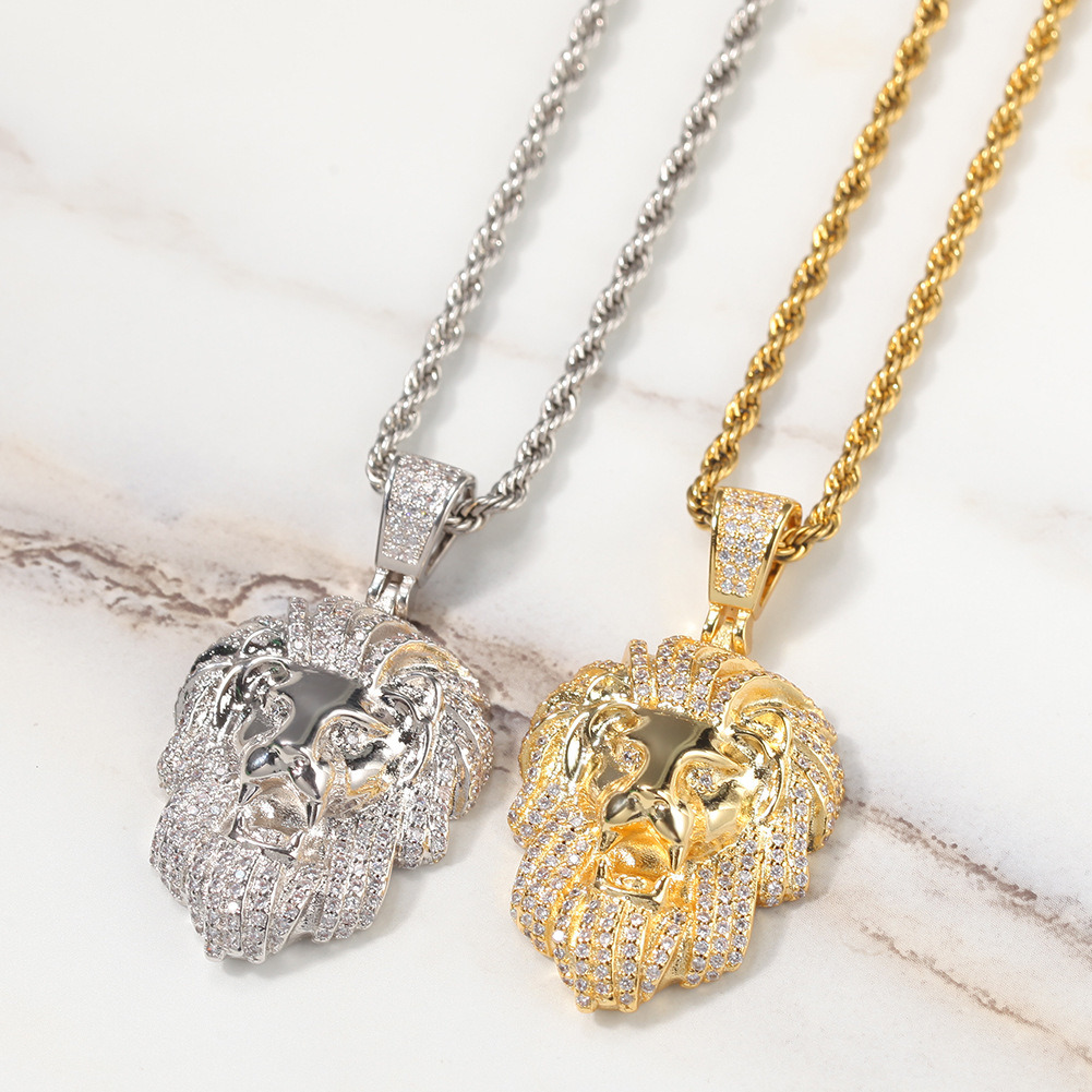 Hip Hop Lion Head Pendant Necklace 18k Gold Plated with Rope Chain Mens Rap Jewelry