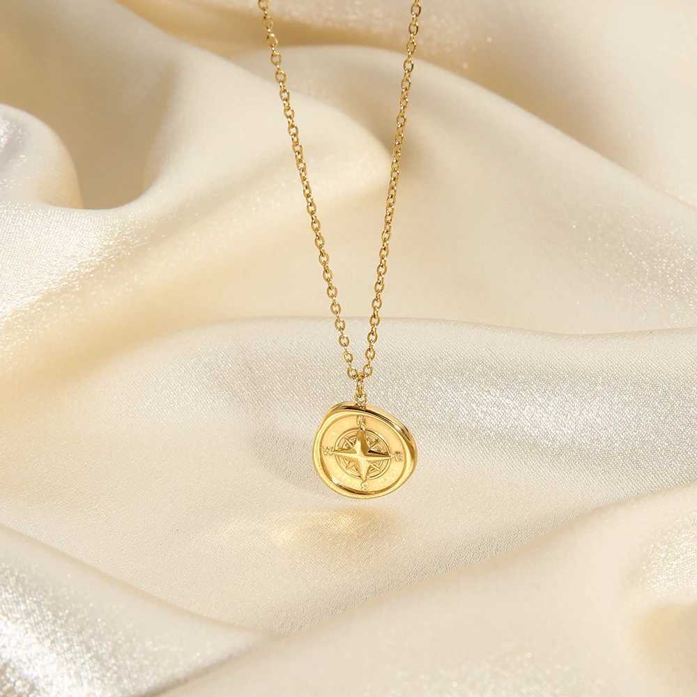 Pendant Necklaces 316L stainless steel PVD gold-plated geometric compass pendant necklace womens waterproof texture necklace 2022 J240719
