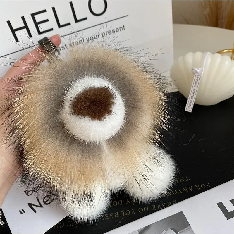 Real Mink Fur Small Lion Pendant Keychain Women Cute Toy Car Key Bag Charm Ornaments Metal Ring Genuine Fur Kids Plush Gifts 240717